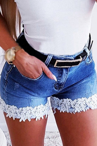 Sexy Slim Lace Stitching Denim Shorts