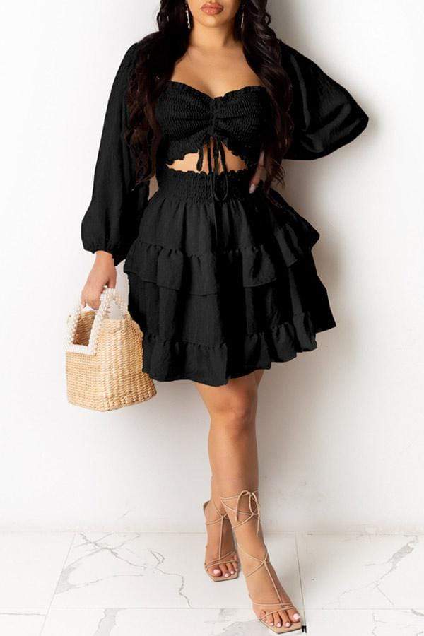 Sexy Solid Color Hollow Out Puff Sleeve Dress