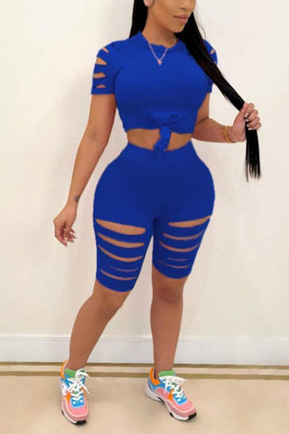 Sexy Solid Color Ripped Sports Shorts Set