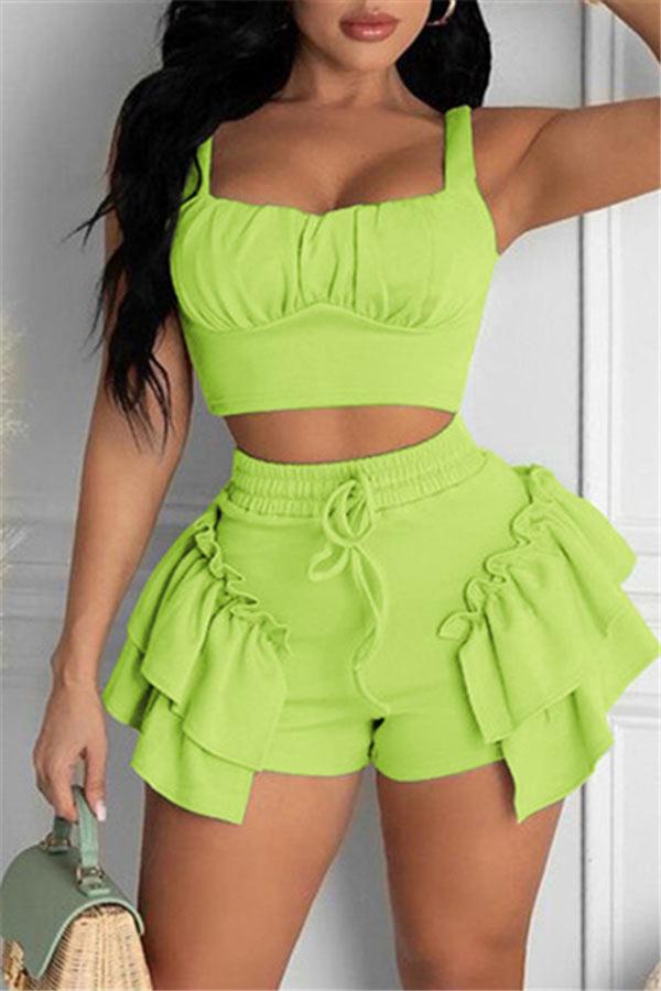 Sexy Solid Color Ruffle Shorts Set