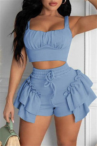 Sexy Solid Color Ruffle Shorts Set