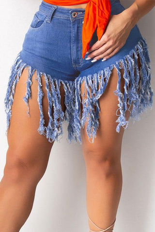 Sexy Solid Color Tassel Denim Shorts