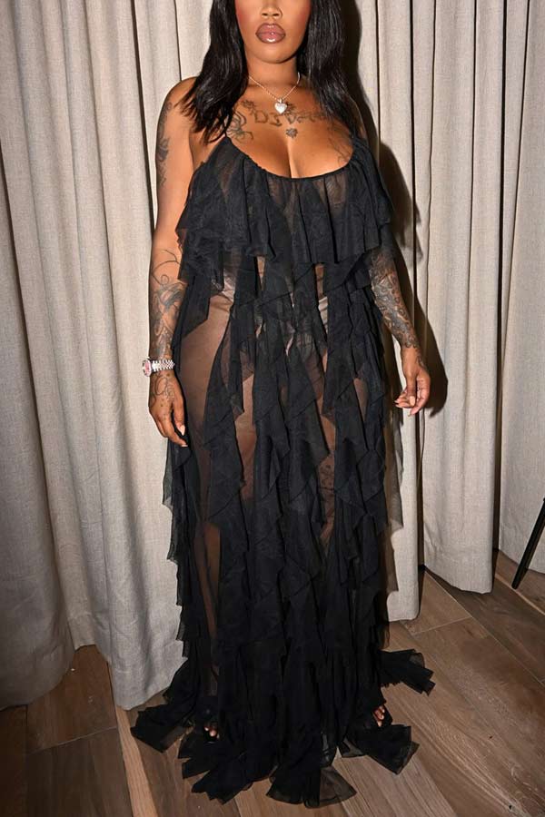 Sexy Solid Frill Sling Sheer Dress