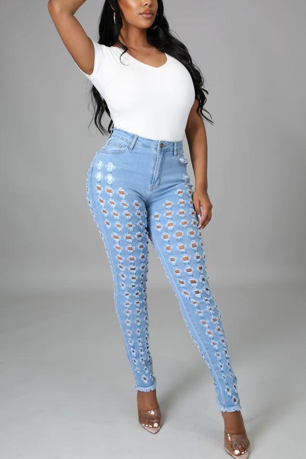 Sexy Solid Holes Stretch Jeans