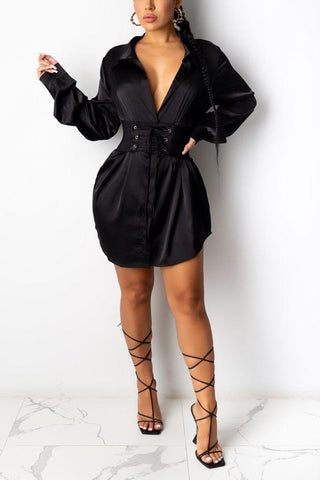 Sexy V Neck Button Down Cinched Mini Dress