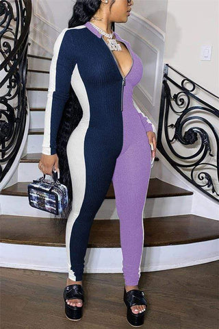 Sexy Zipper Collar Skinny Patchwork Jumpsuits