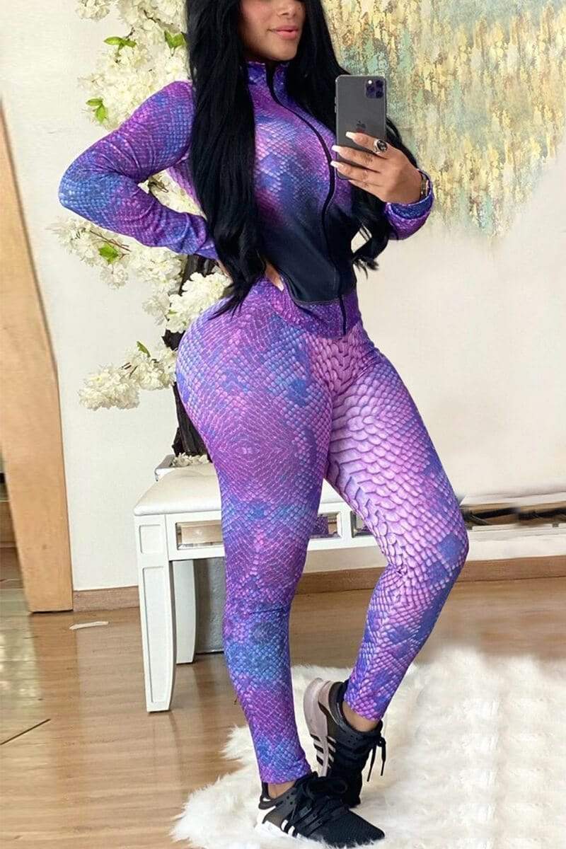 Sexy Zipper Tight-Fitting Hip Snake Print Two Pieces