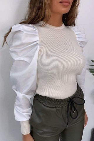 Temperament Fashion Stitching Puff Sleeve Tops